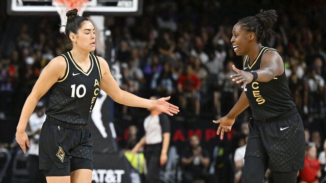 LAS VEGAS, NV - JULY 1: Kelsey Plum #10 of the Las Vegas Aces & Chelsea Gray #12 of the Las Vegas Aces high five during the game on July 1, 2023 at Michelob ULTRA Arena in Las Vegas, Nevada. Mandatory Copyright Notice: Copyright 2023 NBAE