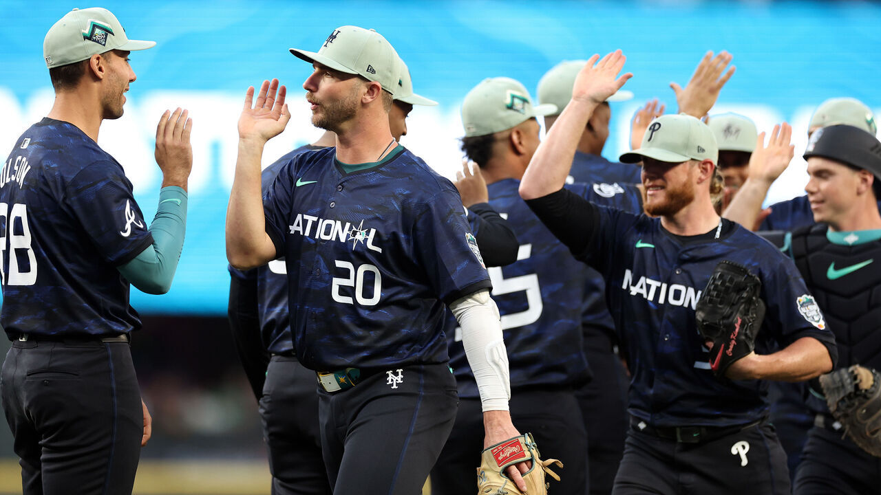 SEATTLE, WASHINGTON - JULY 11: Pete Alonso #20 of the New York Mets celebrates with teammates after defeating the American League 3-2 during the 93rd MLB All-Star Game presented by Mastercard at T-Mobile Park on July 11, 2023 in Seattle, Washington.