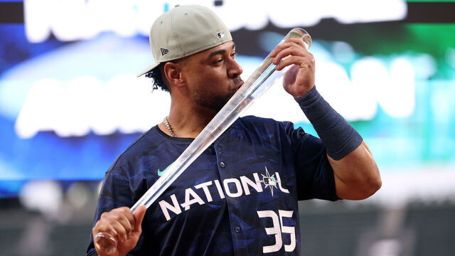 SEATTLE, WASHINGTON - JULY 11: Elias Díaz #35 of the Colorado Rockies poses after being named the Ted Williams All-Star Game MVP Award during the 93rd MLB All-Star Game presented by Mastercard at T-Mobile Park on July 11, 2023 in Seattle, Washington.