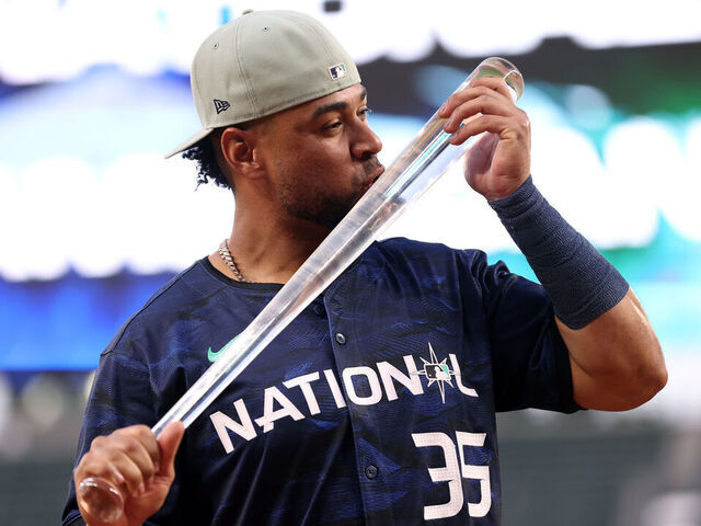 SEATTLE, WASHINGTON - JULY 11: Elias Díaz #35 of the Colorado Rockies poses after being named the Ted Williams All-Star Game MVP Award during the 93rd MLB All-Star Game presented by Mastercard at T-Mobile Park on July 11, 2023 in Seattle, Washington.