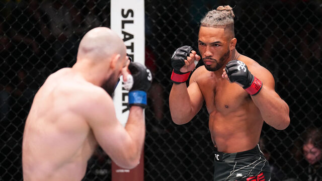 LAS VEGAS, NEVADA - JULY 01: (R-L) Kevin Lee battles Rinat Fakhretdinov of Russia in a welterweight fight during the UFC Fight Night event at UFC APEX on July 01, 2023 in Las Vegas, Nevada.