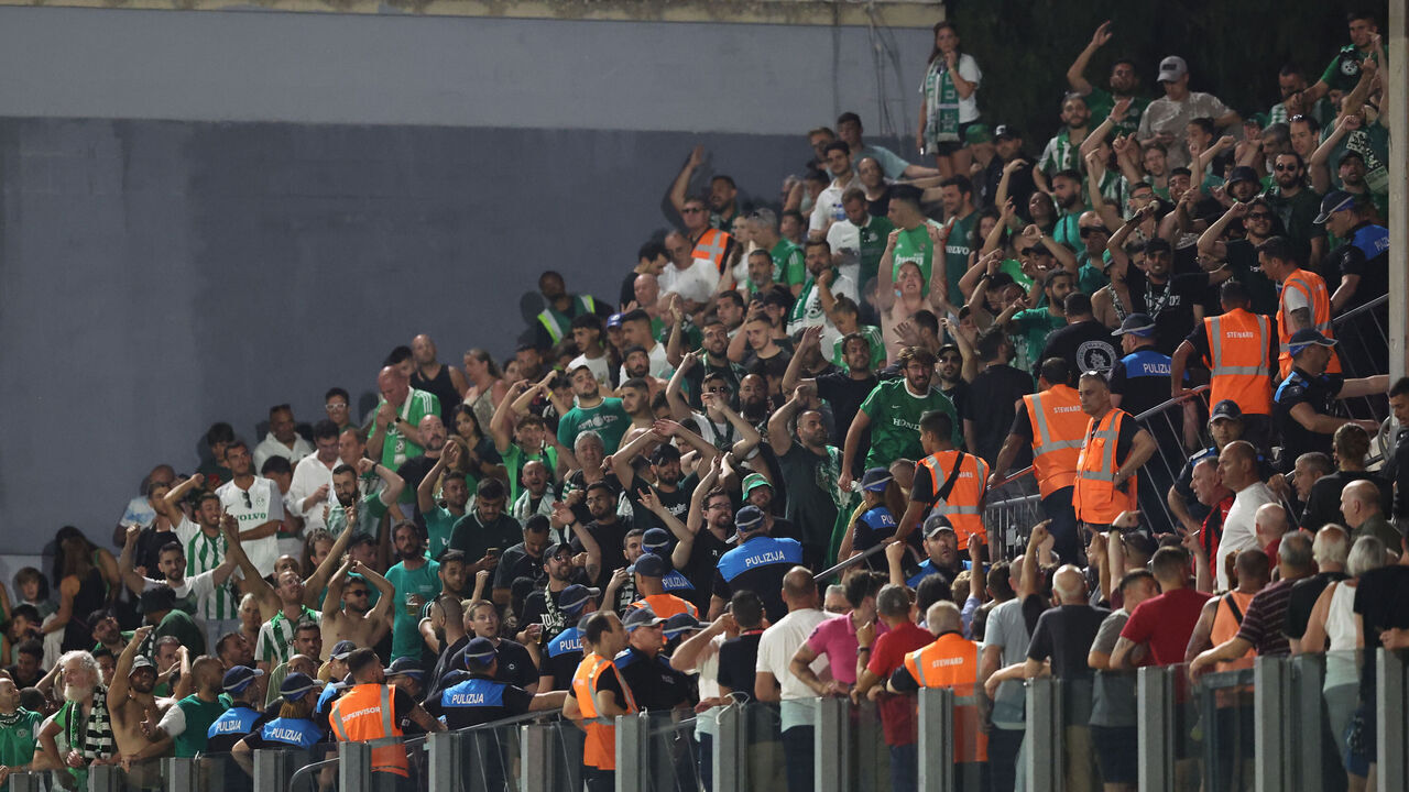 TA' QALI, MALTA - JULY 11: Play was stopped in the 65th minute due to misbehaviour from the Maccabi Haifa fans during the UEFA Champions League First qualifying round, 1st leg soccer match between Hamrun Spartans and Maccabi Haifa at the Centenary Stadium, on July 11, 2023, in Ta' Qali, Malta.