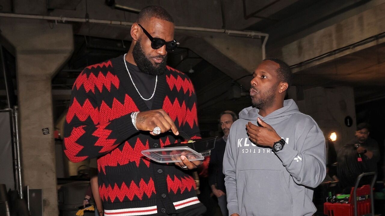 LOS ANGELES, CA - APRIL 24: LeBron James #6 of the Los Angeles Lakers with Rich Paul after Round 1 Game 4 of the 2023 NBA Playoffs against the Memphis Grizzlies on April 24, 2023 at Crypto.Com Arena in Los Angeles, California. NOTE TO USER: User expressly acknowledges and agrees that, by downloading and/or using this Photograph, user is consenting to the terms and conditions of the Getty Images License Agreement. Mandatory Copyright Notice: Copyright 2023 NBAE