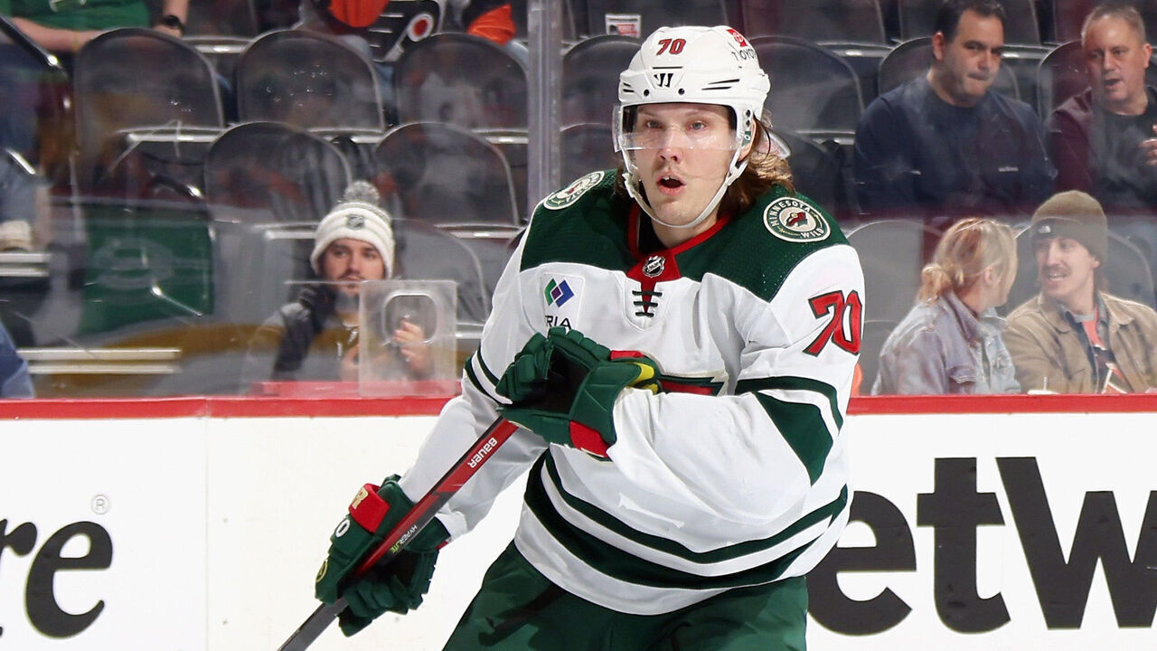PHILADELPHIA, PENNSYLVANIA - MARCH 23: Oskar Sundqvist #70 of the Minnesota Wild skates against the Philadelphia Flyers at the Wells Fargo Center on March 23, 2023 in Philadelphia, Pennsylvania.