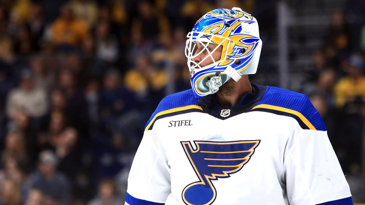 NASHVILLE, TN - APRIL 01: The artwork on the mask of St. Louis Blues goalie Thomas Greiss (1) is shown during the NHL game between the Nashville Predators and St. Louis Blues, held on April 1, 2023, at Bridgestone Arena in Nashville, Tennessee.