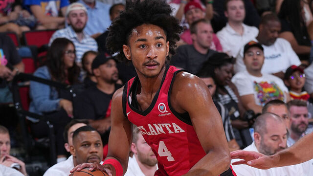 LAS VEGAS, NV - JULY 9: Kobe Bufkin #4 of the Atlanta Hawks dribbles the ball during the 2023 NBA Las Vegas Summer League on July 9, 2023 at the Cox Pavilion in Las Vegas, Nevada. Mandatory Copyright Notice: Copyright 2023 NBAE