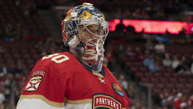 SUNRISE, FL - DECEMBER 29: Spencer Knight #30 of the Florida Panthers looks on before the game between the Florida Panthers and the Montreal Canadiens at FLA Live Arena in Sunrise, FL on December 29, 2022.
