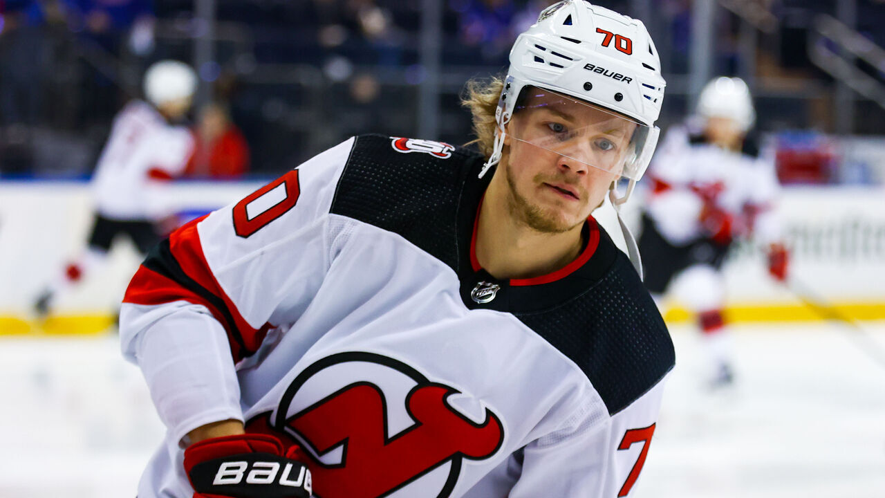 NEW YORK, NY - APRIL 29: New Jersey Devils Center Jesper Boqvist (70) is pictured prior to Game 6 of the National Hockey League Eastern Conference First Round between the New Jersey Devils and the New York Rangers on April 29, 2023 at Madison Square Garden in New York, NY.