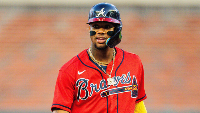 ATLANTA, GA - JUNE 30: Ronald Acuna Jr. #13 of the Atlanta Braves stands on second base during the fourth inning against the Miami Marlins at Truist Park on June 30, 2023 in Atlanta, Georgia.