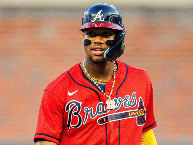ATLANTA, GA - JUNE 30: Ronald Acuna Jr. #13 of the Atlanta Braves stands on second base during the fourth inning against the Miami Marlins at Truist Park on June 30, 2023 in Atlanta, Georgia.