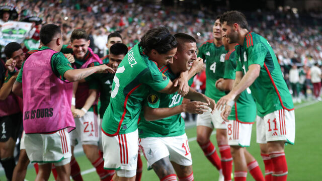 LAS VEGAS, NEVADA - JULY 12: Roberto Alvarado #10 of Mexico celebrates with his teammate Diego Lainez #16 after scoring their third goal during the semifinal match between Jamaica and Mexico as part of 2023 CONCACAF Gold Cup at Allegiant Stadium on July 12, 2023 in Las Vegas, Nevada.