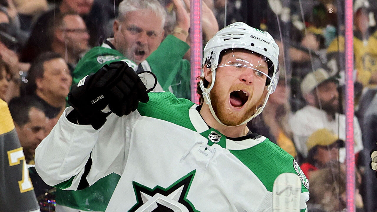 LAS VEGAS, NEVADA - MAY 27: Ty Dellandrea #10 of the Dallas Stars celebrates after scoring a goal against the Vegas Golden Knights during the third period in Game Five of the Western Conference Final of the 2023 Stanley Cup Playoffs at T-Mobile Arena on May 27, 2023 in Las Vegas, Nevada.