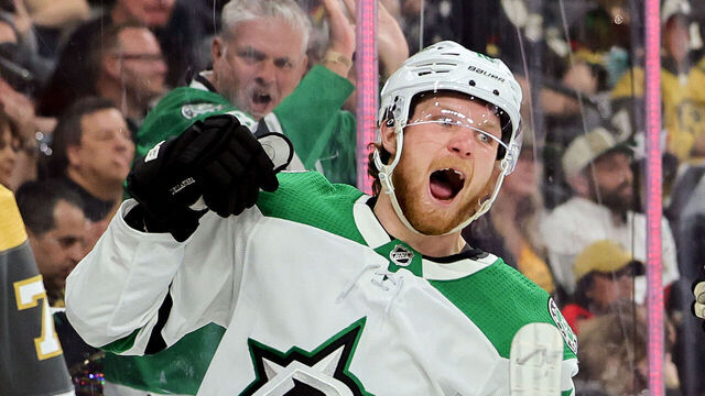 LAS VEGAS, NEVADA - MAY 27: Ty Dellandrea #10 of the Dallas Stars celebrates after scoring a goal against the Vegas Golden Knights during the third period in Game Five of the Western Conference Final of the 2023 Stanley Cup Playoffs at T-Mobile Arena on May 27, 2023 in Las Vegas, Nevada.