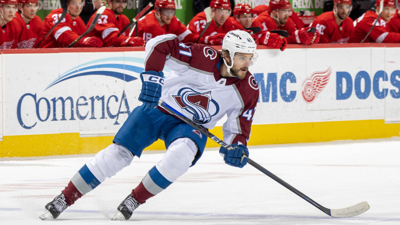 DETROIT, MI - MARCH 18: Alex Galchenyuk #47 of the Colorado Avalanche turns up ice against the Detroit Red Wings during the second period of an NHL game at Little Caesars Arena on March 18, 2023 in Detroit, Michigan. Colorado defeated Detroit 5-1.