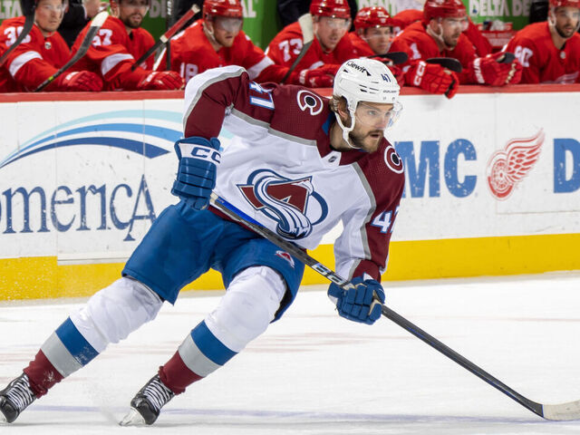 DETROIT, MI - MARCH 18: Alex Galchenyuk #47 of the Colorado Avalanche turns up ice against the Detroit Red Wings during the second period of an NHL game at Little Caesars Arena on March 18, 2023 in Detroit, Michigan. Colorado defeated Detroit 5-1.