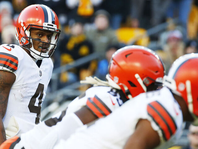 PITTSBURGH, PENNSYLVANIA - JANUARY 08: Deshaun Watson #4 of the Cleveland Browns looks on during the second half of the game against the Pittsburgh Steelers at Acrisure Stadium on January 08, 2023 in Pittsburgh, Pennsylvania.
