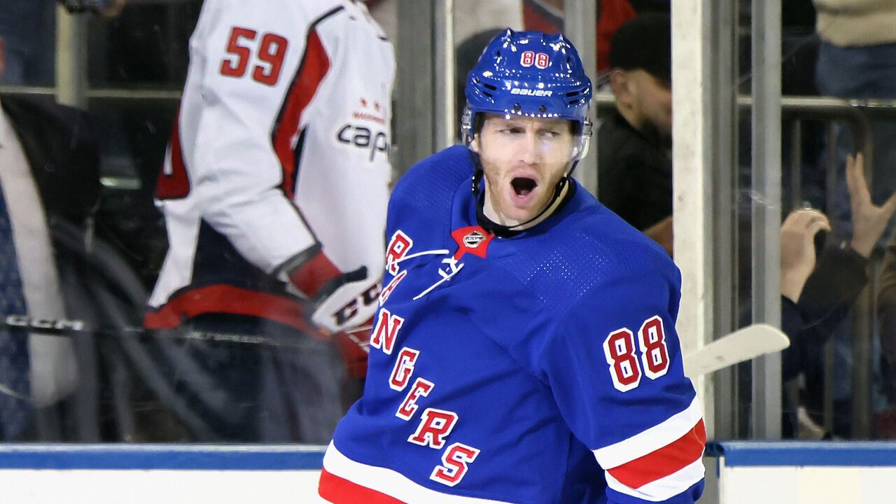 NEW YORK, NEW YORK - MARCH 14: Patrick Kane #88 of the New York Rangers scores a powerplay goal against the Washington Capitals at 18:46 of the first period at Madison Square Garden on March 14, 2023 in New York City.