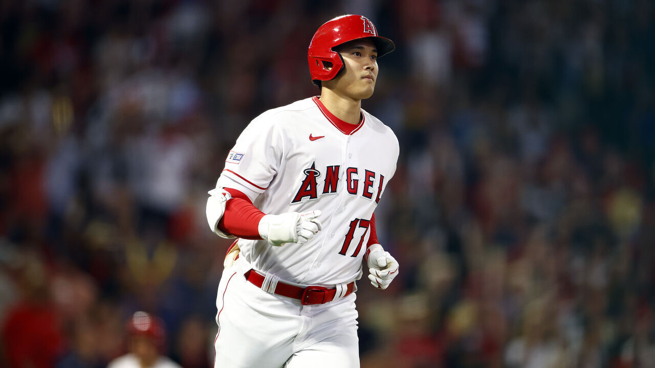 ANAHEIM, CALIFORNIA - JUNE 30: Shohei Ohtani #17 of the Los Angeles Angels hits a home run against the Arizona Diamondbacks in the sixth inning at Angel Stadium of Anaheim on June 30, 2023 in Anaheim, California.