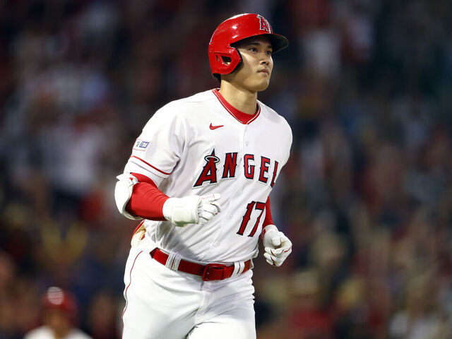 ANAHEIM, CALIFORNIA - JUNE 30: Shohei Ohtani #17 of the Los Angeles Angels hits a home run against the Arizona Diamondbacks in the sixth inning at Angel Stadium of Anaheim on June 30, 2023 in Anaheim, California.
