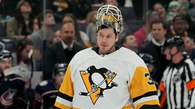 COLUMBUS, OHIO - APRIL 13: Tristan Jarry #35 of the Pittsburgh Penguins with his mask off during a stoppage in play in the second period against the Columbus Blue Jackets at Nationwide Arena on April 13, 2023 in Columbus, Ohio.