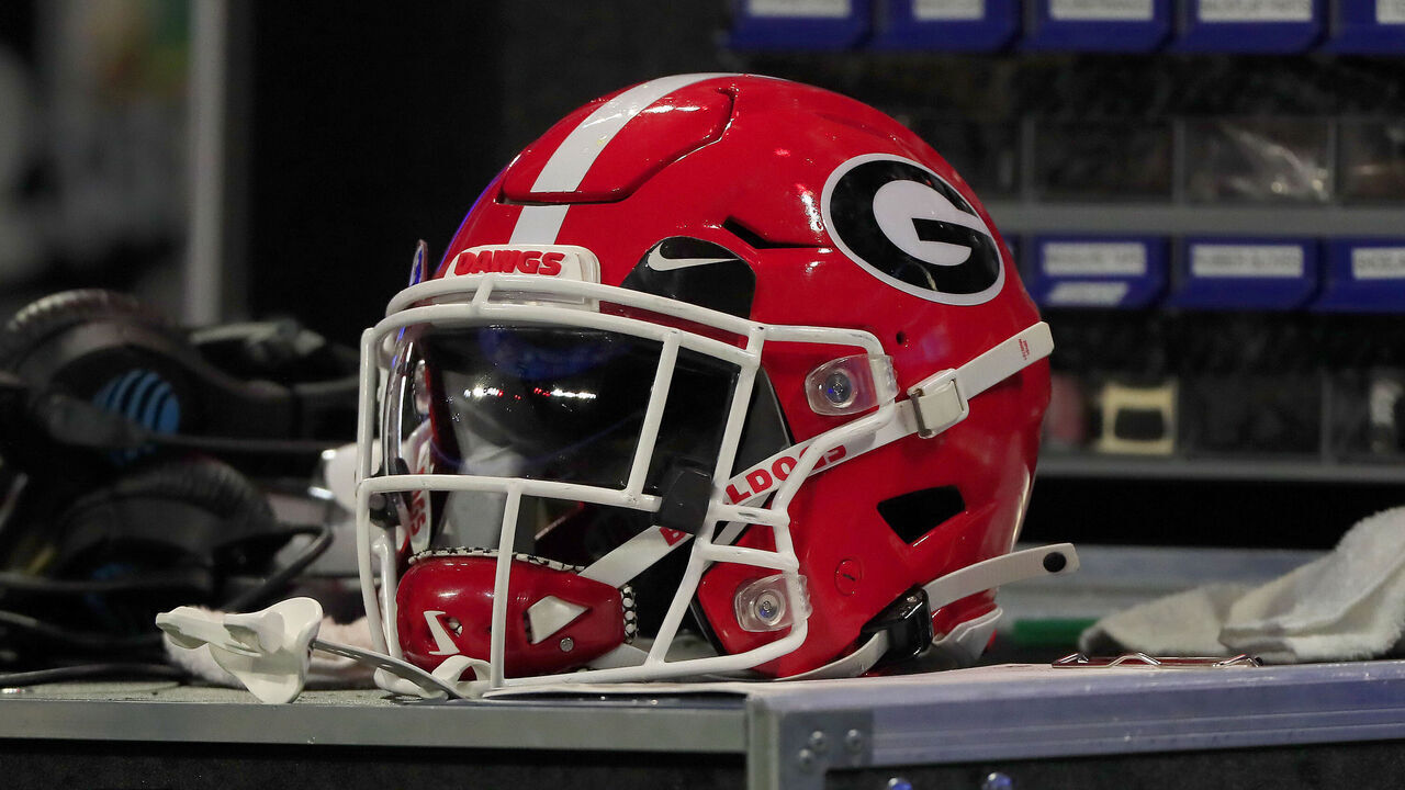 ATLANTA, GA - DECEMBER 31: A Georgia Bulldogs helmet on the sidelines during the college football playoff semifinal game between the University of Georgia Bulldogs and The Ohio State Buckeyes on December 31, 2022 at the Mercedes-Benz Stadium in Atlanta, GA.