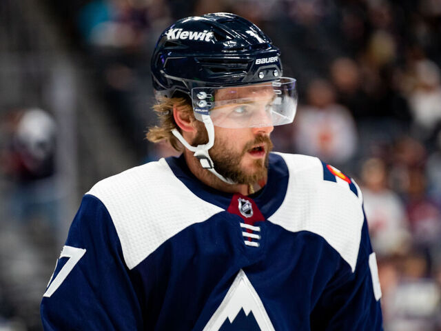 DENVER, COLORADO - MARCH 20: Alex Galchenyuk #47 of the Colorado Avalanche looks ahead during warmups ahead of the game against the Chicago Blackhawks at Ball Arena on March 20, 2023 in Denver, Colorado.