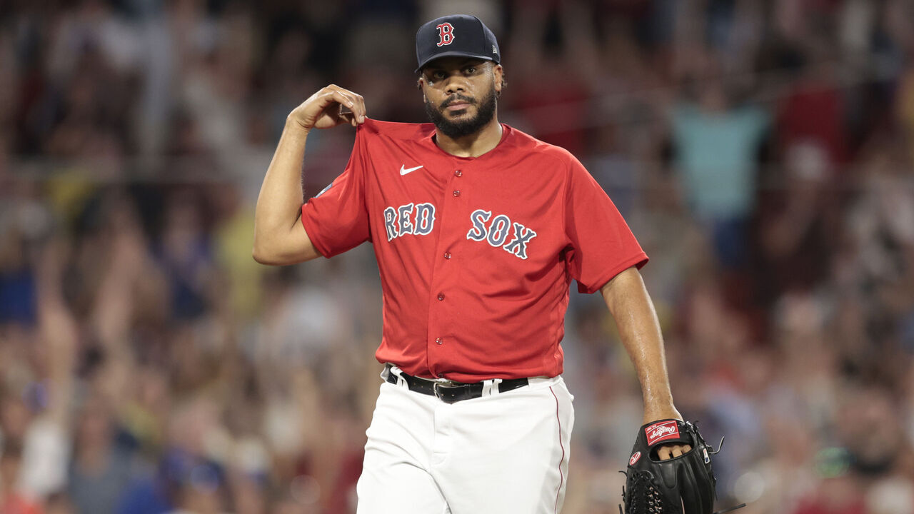 BOSTON, MASSACHUSETTS - JULY 05: Kenley Jansen #74 of the Boston Red Sox looks on during the ninth inning against the Texas Rangers at Fenway Park on July 05, 2023 in Boston, Massachusetts.