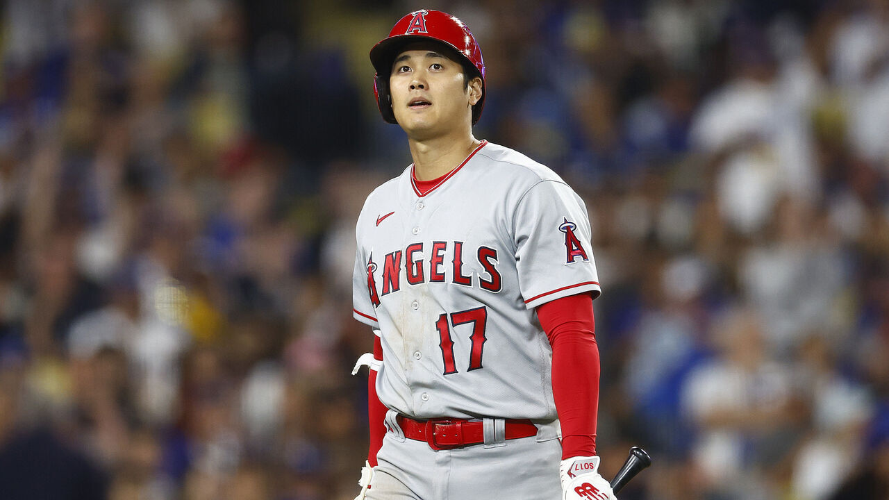 LOS ANGELES, CALIFORNIA - JULY 07: Shohei Ohtani #17 of the Los Angeles Angels at Dodger Stadium on July 07, 2023 in Los Angeles, California.