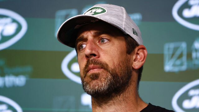 FLORHAM PARK, NEW JERSEY - JUNE 9: Quarterback Aaron Rodgers #8 of the New York Jets talks to reporters after the teams OTAs at Atlantic Health Jets Training Center on June 9, 2023 in Florham Park, New Jersey.