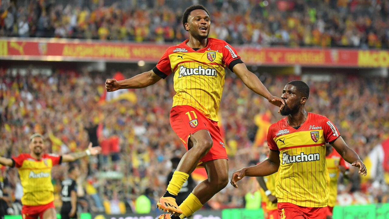 PARIS, FRANCE - MAY 27: Lois Openda of RC Lens celebrates in action during the French Ligue 1 match between RC Lens and AC Ajaccio at stadium Bollaert - Delelis on May 27, 2023 in Lens, France.