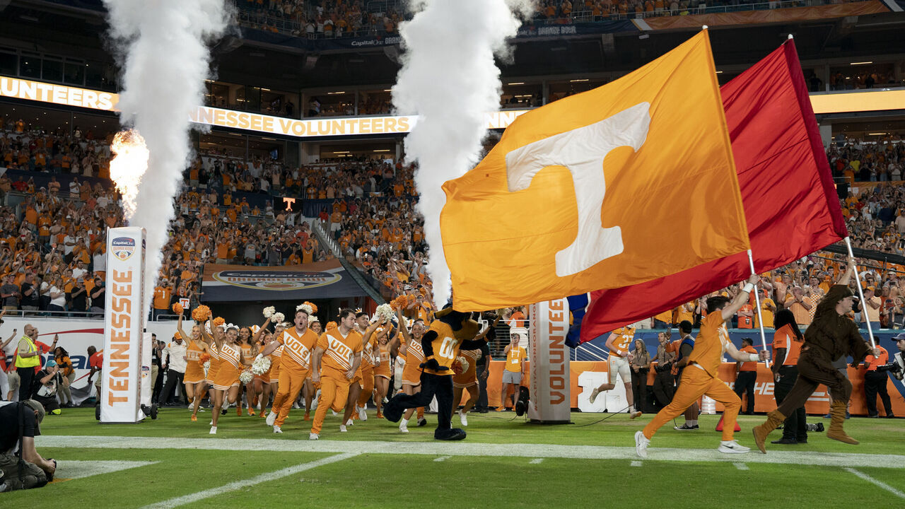 MIAMI GARDENS, FL - DECEMBER 30: Tennessee Volunteers take the field during the Capital One Orange Bowl between Clemson Tigers and Tennessee Volunteers at Hard Rock Stadium in Gardens, FL on December 30, 2022.
