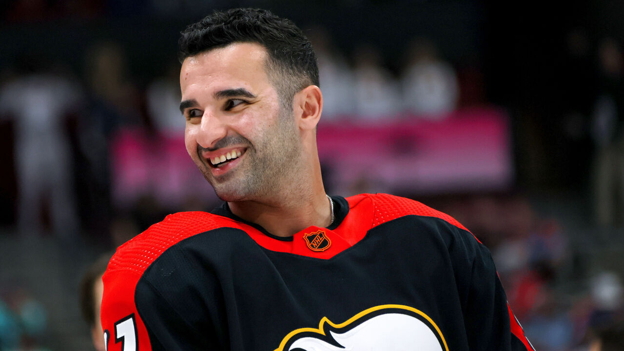 SUNRISE, FLORIDA - FEBRUARY 03: Nazem Kadri #91 of the Calgary Flames competes in the Discover NHL Tendy Tandem during the 2023 NHL All-Star Skills Competition at FLA Live Arena on February 03, 2023 in Sunrise, Florida.