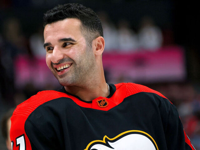 SUNRISE, FLORIDA - FEBRUARY 03: Nazem Kadri #91 of the Calgary Flames competes in the Discover NHL Tendy Tandem during the 2023 NHL All-Star Skills Competition at FLA Live Arena on February 03, 2023 in Sunrise, Florida.