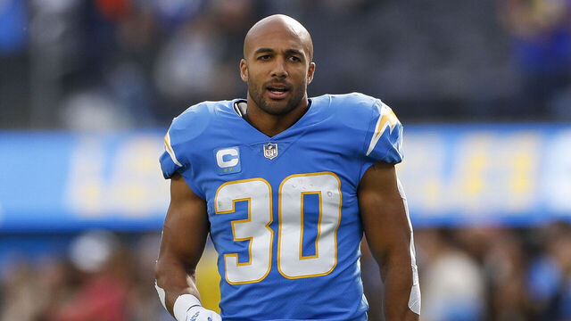 INGLEWOOD, CA - JANUARY 01: Los Angeles Chargers running back Austin Ekeler (30) looks on during an NFL regular season game between the Los Angeles Rams and the Los Angeles Chargers on January 01, 2023, at SoFi Stadium in Inglewood, CA.