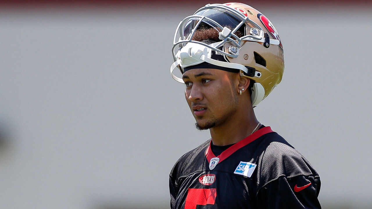 SANTA CLARA, CA - MAY 31: San Francisco 49ers quarterback Trey Lance (5) takes part in a drill during the team's OTA practice on May 31, 2023, at the SAP Performance Facility in Santa Clara, CA.