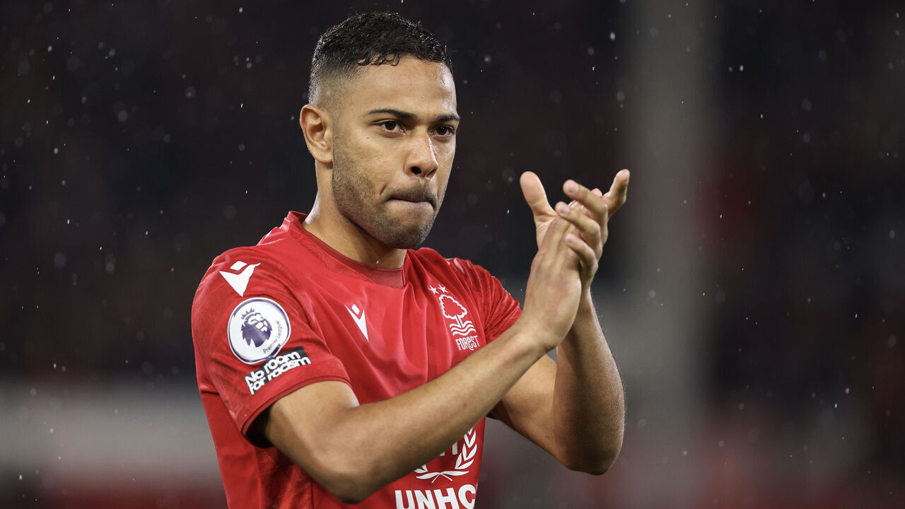 NOTTINGHAM, ENGLAND - MAY 08: Renan Lodi of Nottingham Forest at full time of the Premier League match between Nottingham Forest and Southampton FC at City Ground on May 8, 2023 in Nottingham, United Kingdom.