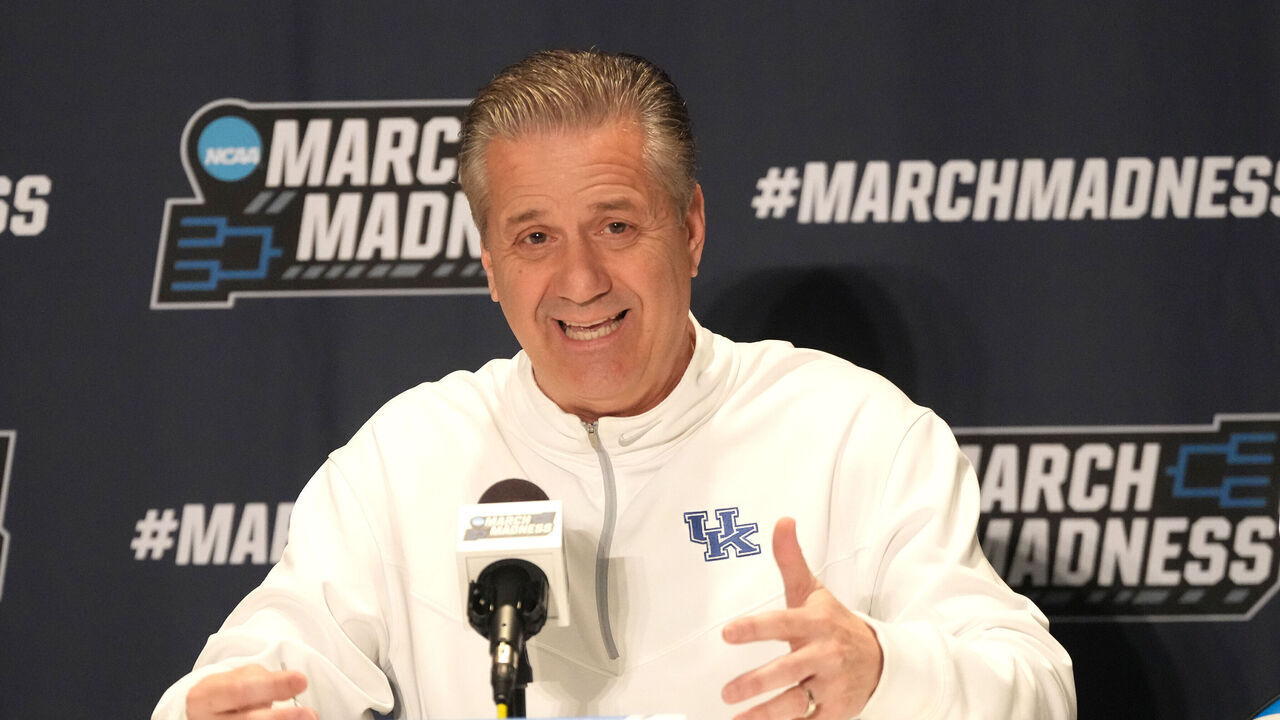 GREENSBORO, NORTH CAROLINA - MARCH 16: Head coach John Calipari of the Kentucky Wildcats addresses the media during a practice session ahead of the first round of the NCAA Mens Basketball Tournament at Greensboro Coliseum on March 16, 2023 in Greensboro, North Carolina.