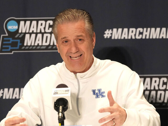 GREENSBORO, NORTH CAROLINA - MARCH 16: Head coach John Calipari of the Kentucky Wildcats addresses the media during a practice session ahead of the first round of the NCAA Mens Basketball Tournament at Greensboro Coliseum on March 16, 2023 in Greensboro, North Carolina.