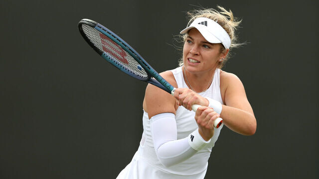 LONDON, ENGLAND - JULY 03: Caty McNally (USA) during her match against Jodie Burrage (GBR) in their Ladies' Singles First Round match during day one of The Championships Wimbledon 2023 at All England Lawn Tennis and Croquet Club on July 3, 2023 in London, England.