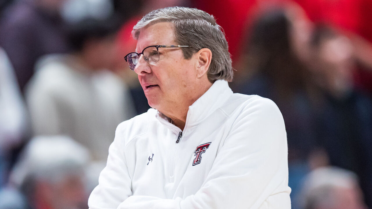 LUBBOCK, TEXAS - FEBRUARY 11: Head coach Mark Adams of the Texas Tech Red Raiders looks to the bench during the second half of the college basketball game against the Kansas State Wildcats at United Supermarkets Arena on February 11, 2023 in Lubbock, Texas.