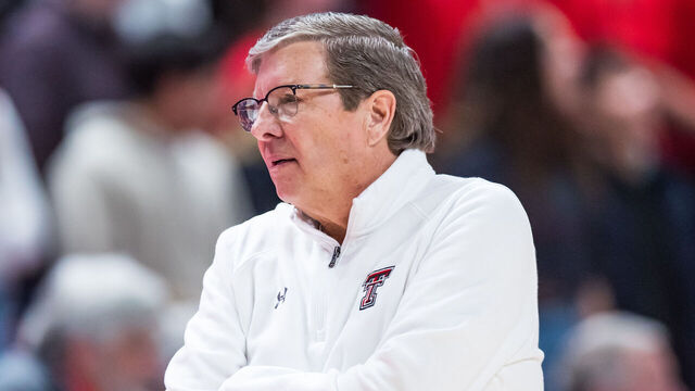 LUBBOCK, TEXAS - FEBRUARY 11: Head coach Mark Adams of the Texas Tech Red Raiders looks to the bench during the second half of the college basketball game against the Kansas State Wildcats at United Supermarkets Arena on February 11, 2023 in Lubbock, Texas.
