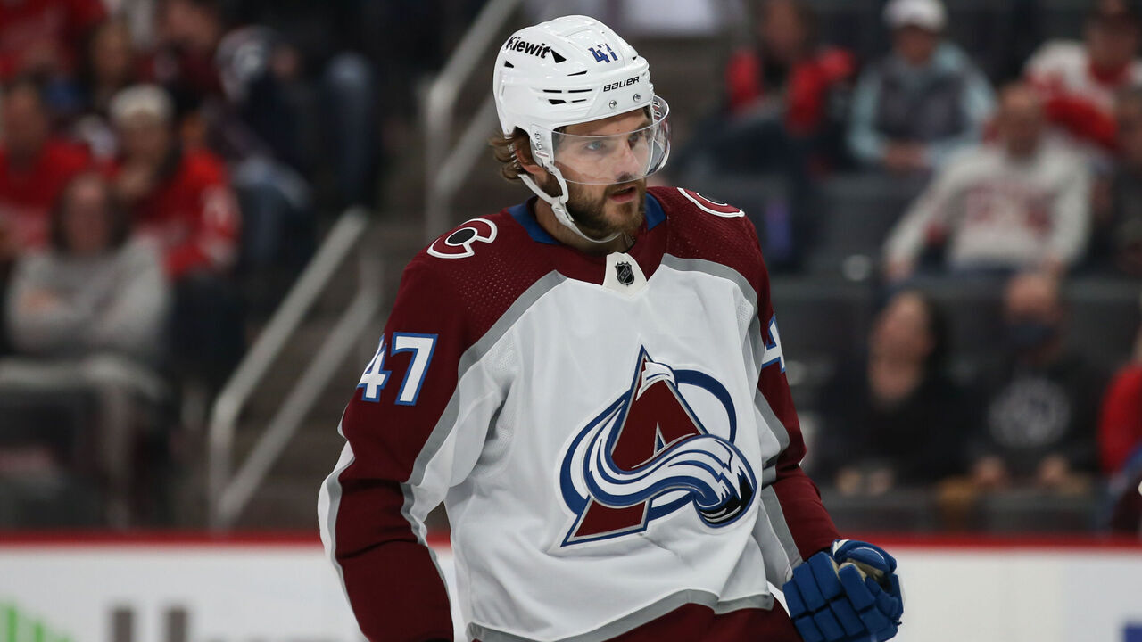 DETROIT, MI - MARCH 18: Colorado Avalanche forward Alex Galchenyuk (47) looks on during an NHL regular season hockey game between the Colorado Avalanche and the Detroit Red Wings on March 18, 2023 at Little Caesars Arena in Detroit, Michigan.