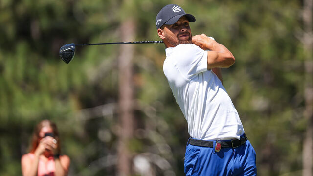 STATELINE, NEVADA - JULY 14: Stephen Curry of the NBA Golden State Warriors hits his tee on the 18th hole on Day One of the 2023 American Century Championship at Edgewood Tahoe Golf Course on July 14, 2023 in Stateline, Nevada.