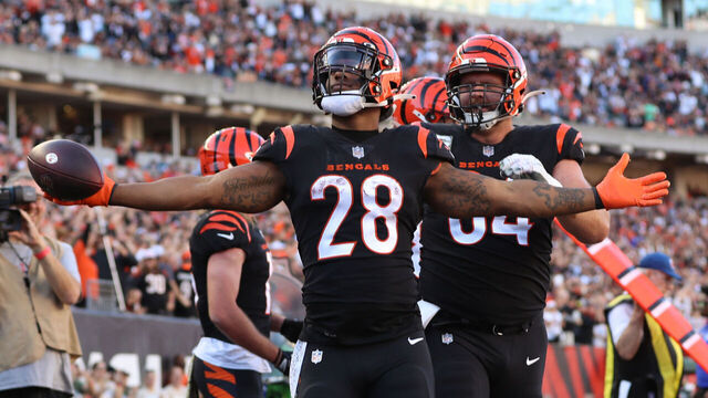 CINCINNATI, OH - NOVEMBER 06: Cincinnati Bengals running back Joe Mixon (28) reacts after scoring a touchdown during the game against the Carolina Panthers and the Cincinnati Bengals on November 6, 2022, at Paycor Stadium in Cincinnati, OH.