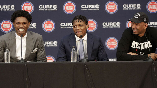 DETROIT, MI - JUNE 23: Ausar Thompson and Marcus Sasser of the Detroit Pistons talk to the press on June 23, 2023 at Little Caesars Arena in Detroit, Michigan. NOTE TO USER: User expressly acknowledges and agrees that, by downloading and/or using this photograph, User is consenting to the terms and conditions of the Getty Images License Agreement. Mandatory Copyright Notice: Copyright 2023 NBAE