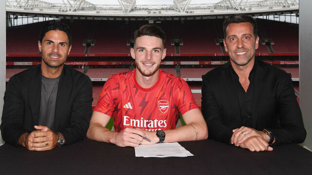 LONDON, ENGLAND - JULY 15: (L) Arsenal manager Mikel Arteta with new signing Declan Rice and (R) Sporting Director Edu at Emirates Stadium on July 15, 2023 in London, England.