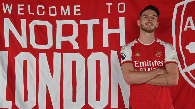 ST ALBANS, ENGLAND - JULY 15: Arsenal unveil new signing Declan Rice at London Colney on July 15, 2023 in St Albans, England.