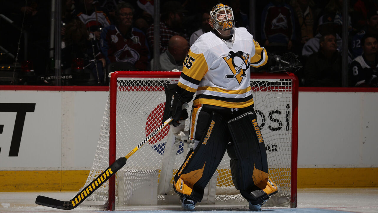 DENVER, COLORADO - MARCH 22: Goaltender Tristan Jarry #35 of the Pittsburgh Penguins looks on prior to the game against the Colorado Avalanche at Ball Arena on March 22, 2023 in Denver, Colorado.
