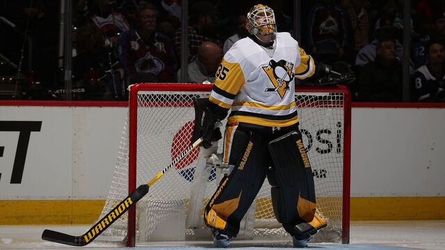 DENVER, COLORADO - MARCH 22: Goaltender Tristan Jarry #35 of the Pittsburgh Penguins looks on prior to the game against the Colorado Avalanche at Ball Arena on March 22, 2023 in Denver, Colorado.
