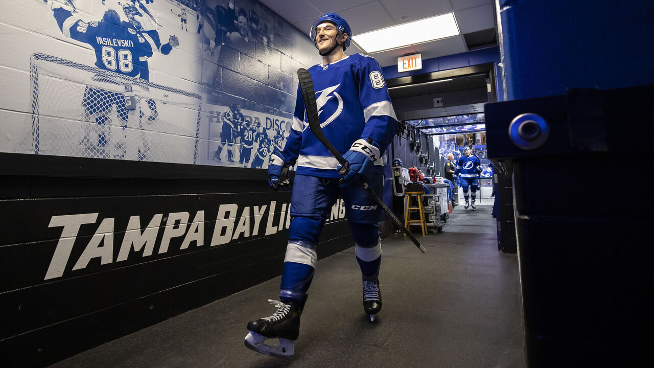 TAMPA, FL - MARCH 12: Tanner Jeannot #84f the Tampa Bay Lightning before the game against the Winnipeg Jets at Amalie Arena on March 12, 2023 in Tampa, Florida.